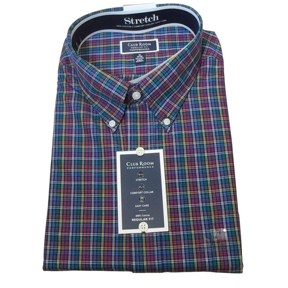 Club Room Mens Regular-Fit Brighton Plaid dress shirt Navy Bright 18 34-35 $60